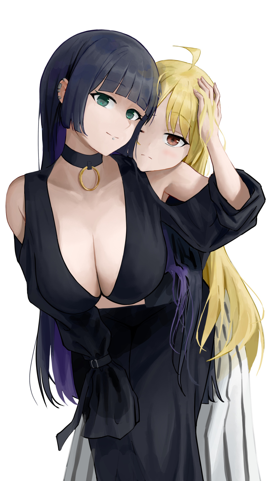 2girls absurdres ahoge arms_around_waist bare_shoulders black_choker black_dress black_hair blonde_hair blunt_bangs blush bocchi_the_rock! breasts brown_eyes chin_piercing choker cleavage clothing_cutout colored_inner_hair commentary_request dress ear_piercing green_eyes hand_on_another's_head hand_on_own_knee highres hime_cut ijichi_seika large_breasts lip_piercing long_dress long_hair long_sleeves looking_at_viewer momaetoto mouth_piercing multicolored_hair multiple_girls pa-san piercing purple_hair shoulder_cutout simple_background sleeves_past_fingers sleeves_past_wrists smile upper_body white_background