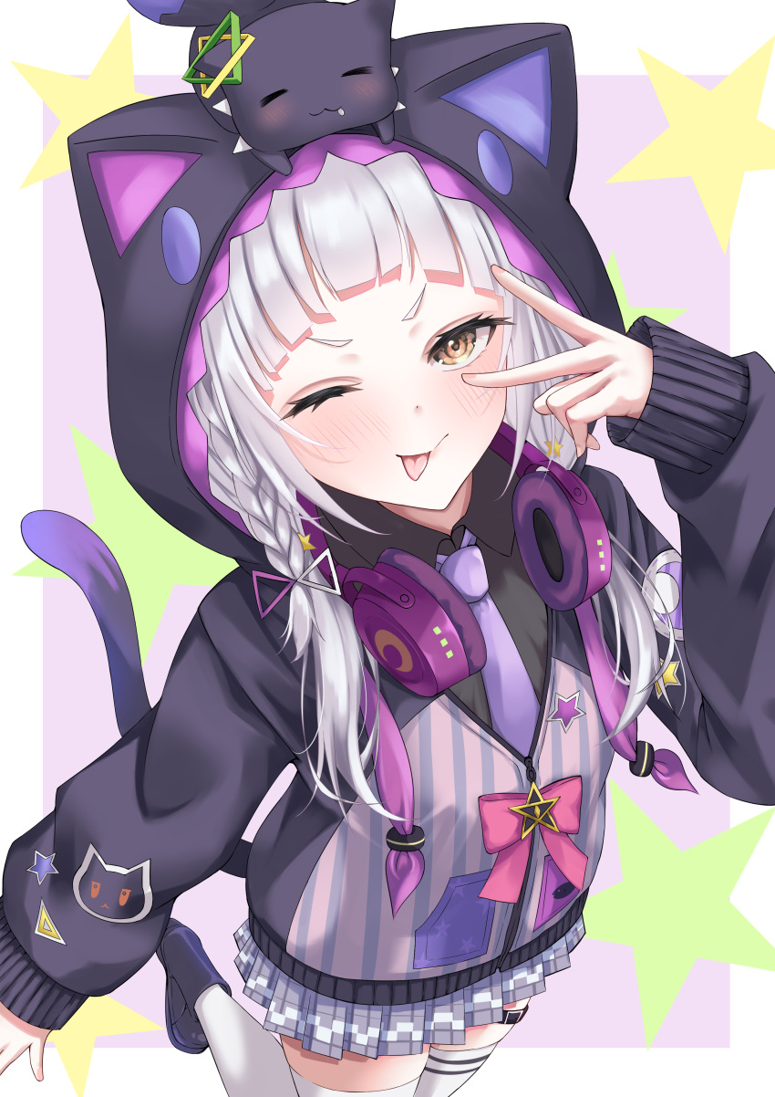 1girl ;p absurdres animal_hood animal_on_head belt blush braid cat cat_hood cat_on_head cat_tail grey_hair headphones headphones_around_neck highres hololive hood hoodie long_hair looking_at_viewer mitsu_3_33 murasaki_shion murasaki_shion_(school_uniform) necktie official_alternate_costume on_head one_eye_closed purple_hood purple_hoodie purple_necktie shiokko_(murasaki_shion) socks tail thigh_belt thigh_strap tongue tongue_out twin_braids v_over_eye virtual_youtuber white_socks yellow_eyes