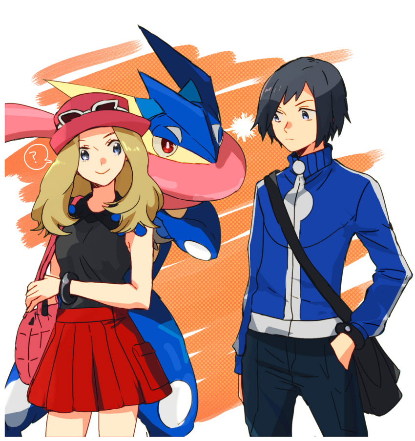 1boy 1girl ? bare_shoulders black_bag black_hair black_pants black_shirt blue_jacket brown_hair calem_(pokemon) closed_mouth commentary_request dress eye_contact eyewear_on_headwear glasses greninja hand_in_pocket hands_on_another's_shoulders hat highres hinata_(ryohinata) jacket long_hair long_sleeves looking_at_another mega_ring mixed-language_commentary pants pink_bag pink_headwear pokemon pokemon_(creature) pokemon_(game) pokemon_xy red_skirt serena_(pokemon) shirt short_hair skirt sleeveless sleeveless_dress smile