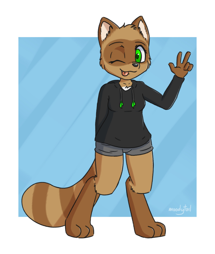 2022 anthro barefoot black_nose brown_body brown_fur canid canine clothed clothing digital_media_(artwork) digitigrade feet female fingers fluffy front_view fur green_eyes hi_res hindpaw hoodie humanoid_hands looking_at_viewer mammal moodytail multi_tone_body multi_tone_fur multicolored_body multicolored_fur one_eye_closed paws pinup pose raccoon_dog simple_background smile solo standing striped_body striped_fur stripes tan_body tan_fur tanuki toes tongue tongue_out topwear tuft underwear white_body white_fur wink yuki_(side_b)