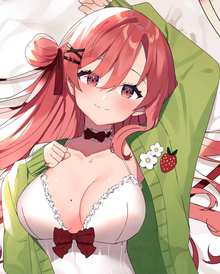 1girl babydoll bow breasts cardigan choker cleavage clenched_hand commission english_commentary flower green_cardigan hair_ornament hairclip hand_on_own_chest head_tilt heart heart_hair_ornament highres indie_virtual_youtuber long_hair looking_at_viewer lying medium_breasts mole mole_on_breast nini_yuuna on_back red_bow red_choker red_eyes red_hair seesaw_yt smile solo virtual_youtuber white_babydoll white_flower