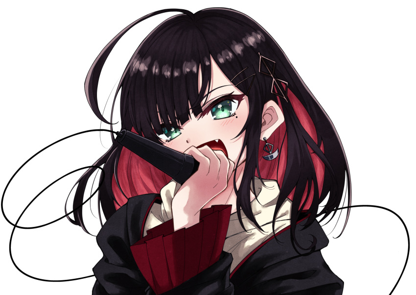 1girl ahoge black_hair black_jacket cable colored_inner_hair earrings fang green_eyes hair_ornament hairclip hand_up highres hizuki_yui holding holding_microphone jacket jewelry long_sleeves looking_at_viewer medium_hair microphone mole mole_under_eye multicolored_hair neo-porte open_mouth pleated_sleeves portrait red_hair red_sleeves simple_background smile solo transparent_background virtual_youtuber wide_sleeves yuupenman