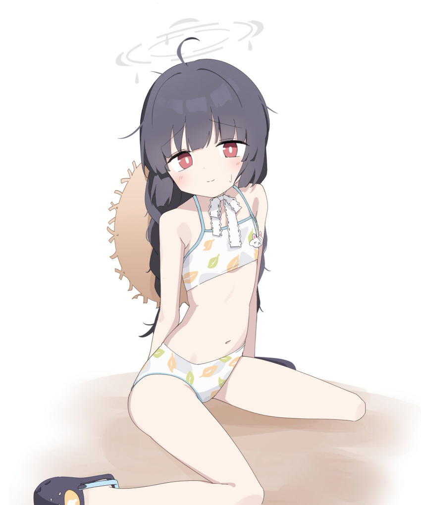 ahoge arsyky14 bare_shoulders black_hair blue_archive blunt_bangs braid crocs flat_chest halo hat highres image_sample looking_at_viewer low_twin_braids miyu_(blue_archive) miyu_(swimsuit)_(blue_archive) red_eyes shy sun_hat sweat swimsuit twin_braids twitter_sample