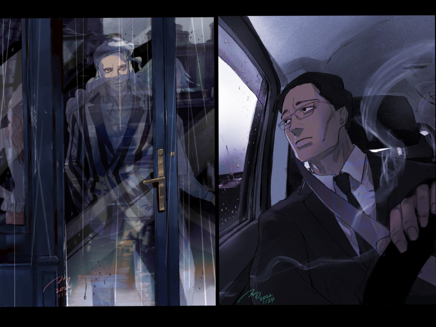 1girl 3boys almostghost black_hair black_pants black_suit blonde_hair car driving formal glasses hair_slicked_back highres hinrigh_biganduffno hunter_x_hunter ken'i_wang long_hair looking_at_another lynch_fullbokko mafia motor_vehicle multiple_boys necktie pants pink_hair rain red_eyes shirt short_hair signature split_screen striped_suit suit white_hair white_shirt zakuro_custard