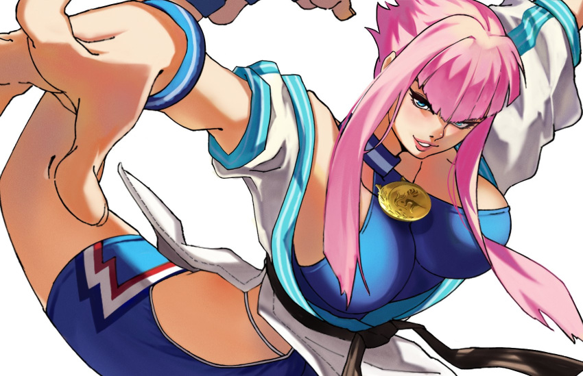1girl blue_eyes breasts dougi highres hime_cut hip_vent large_breasts leg_up manon_(street_fighter) martial_arts_belt mega_mochio pink_hair sideboob sideboob_cutout standing standing_on_one_leg street_fighter street_fighter_6 white_background wristband