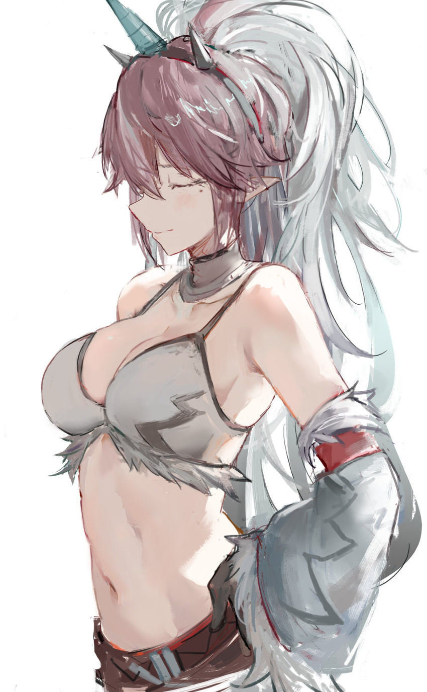 1girl absurdres arknights arm_warmers bare_shoulders breasts brown_hair closed_eyes closed_mouth collarbone crop_top fake_horns gloves gnai hairband highres horns kirin_(armor) kirin_r_yato_(arknights) large_breasts long_hair midriff mole mole_under_eye monster_hunter_(series) navel pointy_ears simple_background single_arm_warmer single_horn single_sleeve solo upper_body white_background white_hair yato_(arknights)