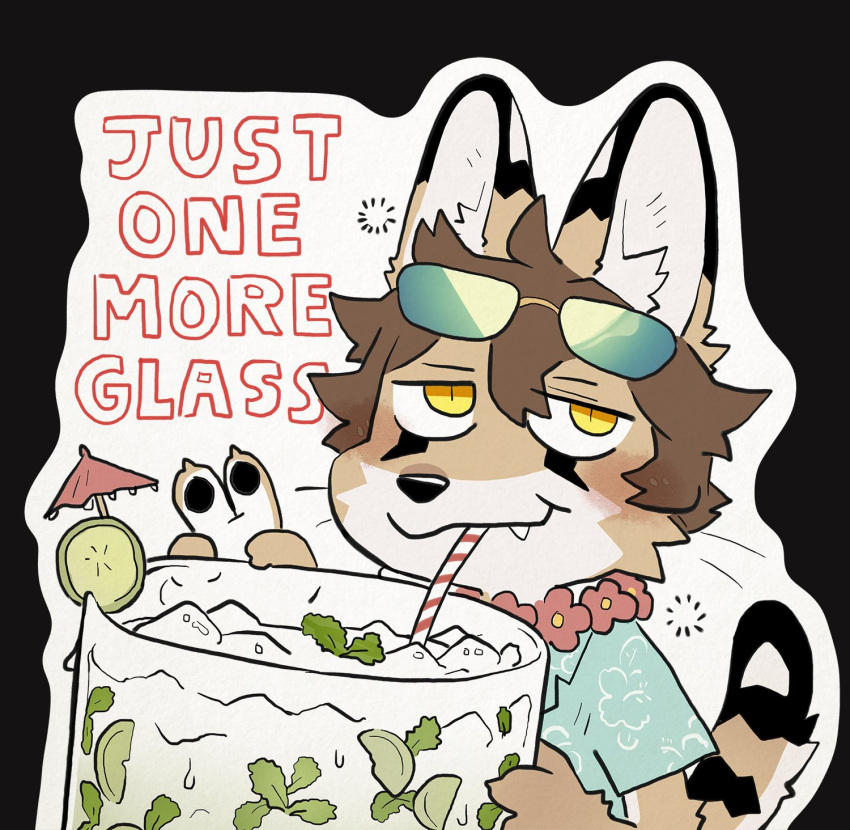 alcohol anthro beverage brown_hair claws clothed clothing english_text eyebrows felid feline fingers hair hi_res inner_ear_fluff luxury_gin male mammal mojito_(drink) pawpads scooter_(luxury_gin) serval solo tail text tuft