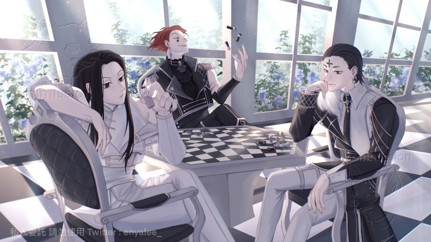 3boys alternate_costume black_hair board_game chair chess chrollo_lucilfer earrings elbow_rest empty_eyes enyalee facial_mark feet_out_of_frame gon_freecss hair_slicked_back highres hisoka_morow hunter_x_hunter illumi_zoldyck jewelry killua_zoldyck kurapika leorio_paladiknight long_hair male_focus merchandise multiple_boys necktie red_hair short_hair sitting sleeveless symbolism window