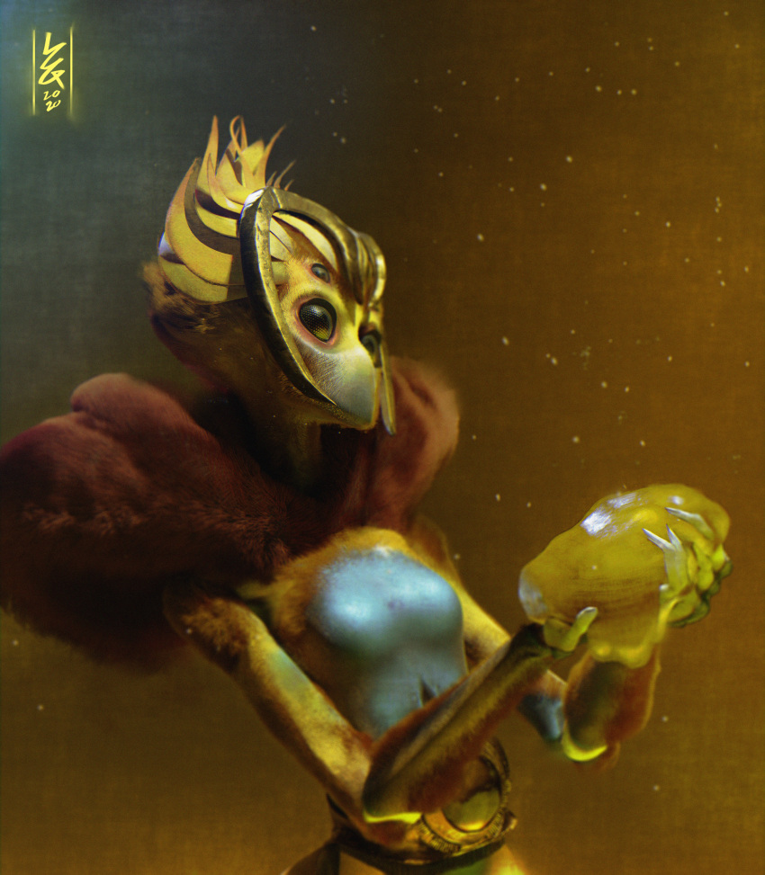 2020 4_eyes absurd_res anthro anthrofied arthropod ashenhare bee breasts brown_body brown_fur compound_eyes detailed detailed_eyes featureless_breasts female food front_view fur gold_(metal) gold_jewelry gradient_background grainy half-length_portrait hi_res holding_food holding_object hollow_knight honey_(food) hymenopteran insect jewelry mouthless multi_eye neck_tuft offering_food particles pollen portrait queen_vespa_(hollow_knight) realistic simple_background solo standing team_cherry three-quarter_view tuft yellow_body yellow_fur