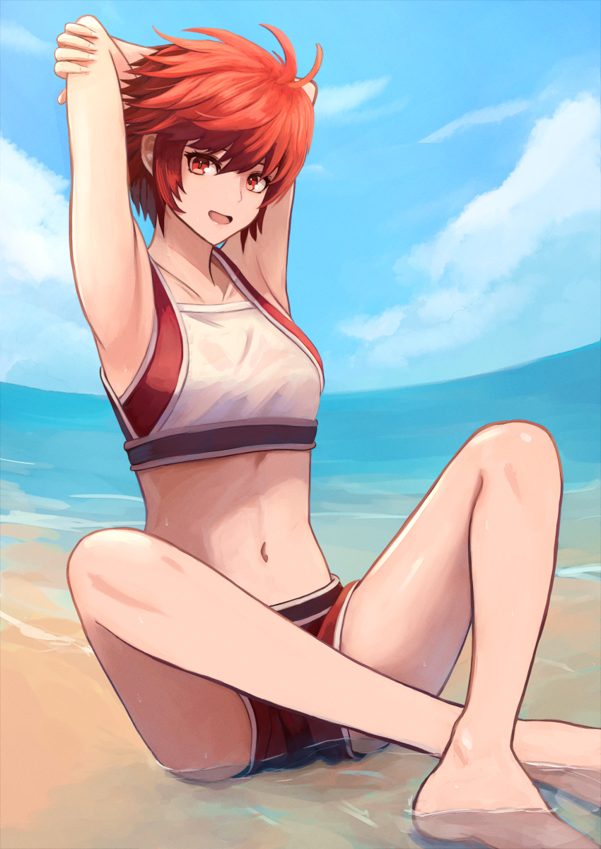1girl :d armpits arms_behind_head beach blue_sky crossed_legs fire_emblem fire_emblem_fates hair_between_eyes highres hinoka_(fire_emblem) labebebe_lee looking_at_viewer navel ocean open_mouth red_eyes red_hair short_hair sitting sky smile solo swimsuit