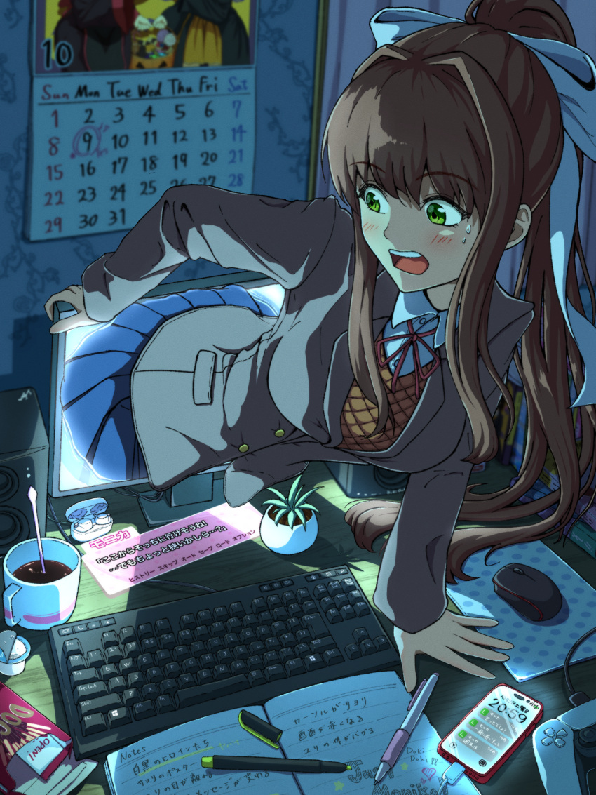 1girl absurdres brown_hair calendar_(object) cellphone doki_doki_literature_club dualsense green_eyes hair_intakes hair_ribbon highres inconvenient_ass keyboard_(computer) long_hair looking_back monika_(doki_doki_literature_club) monitor open_mouth phone playstation_controller pleated_skirt ranmaru_(jackpot_1123) ribbon school_uniform skirt smartphone solo stuck sweat very_long_hair