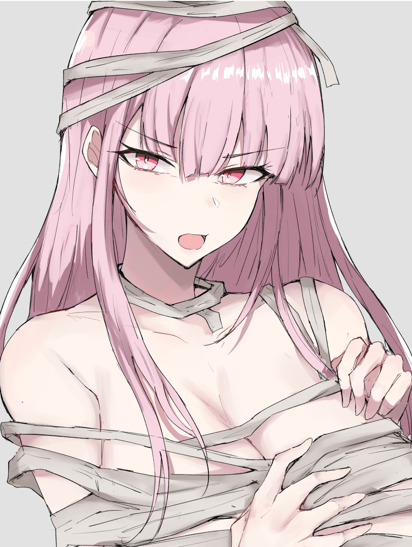 1girl absurdres bandage_on_chest bandage_on_hair bandage_on_neck bandages blunt_bangs breasts cleavage hand_on_own_chest highres hololive hololive_english large_breasts long_hair looking_at_viewer mori_calliope mummy_costume open_mouth pink_hair red_eyes sak1_01 sidelocks solo virtual_youtuber