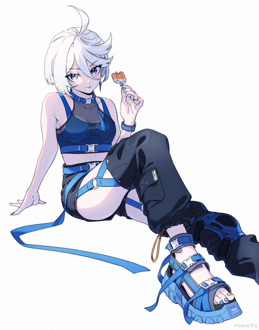 1girl ahoge food gundam gundam_suisei_no_majo highres miorine_rembran mwoji nail_polish popsicle purple_eyes short_hair shorts simple_background sitting solo watch white_background white_hair wristwatch