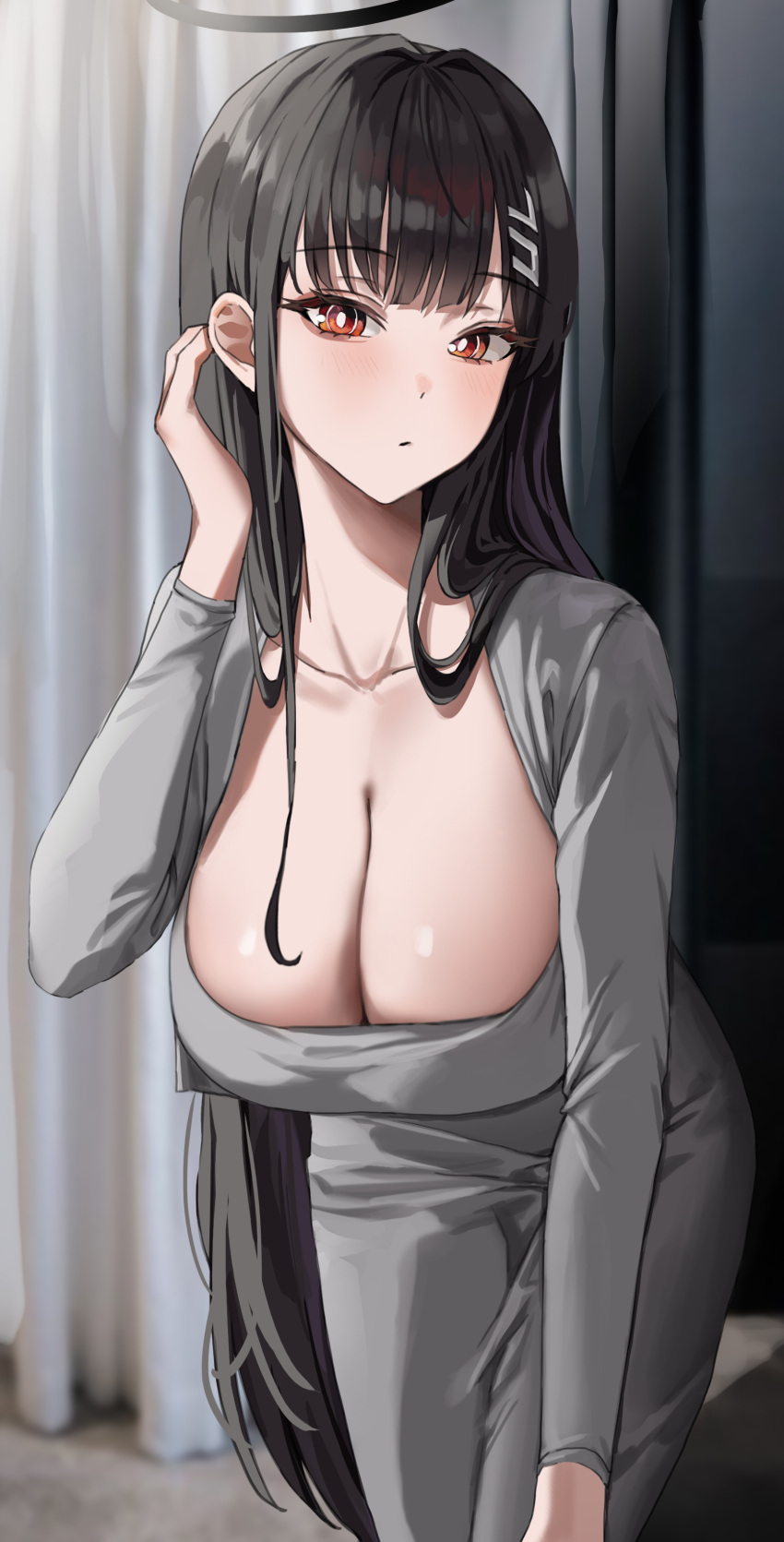 1girl absurdres alternate_costume black_hair blue_archive blush breasts bright_pupils cleavage collarbone curtains dress grey_dress hair_tucking halo highres indoors large_breasts leaning_forward long_dress long_hair long_sleeves looking_at_viewer red_eyes rio_(blue_archive) solo straight_hair very_long_hair white_pupils xu_wen_(bbb2822828)