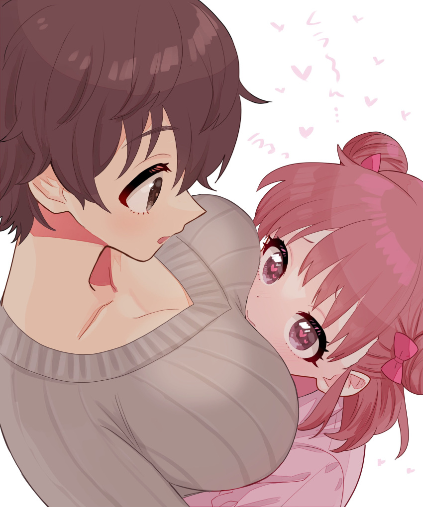 2girls absurdres blush bow breasts brown_hair brown_sweater cleavage collarbone double_bun eye_contact facing_another hair_bow hair_bun heart heart-shaped_pupils height_difference highres hug idolmaster idolmaster_cinderella_girls large_breasts looking_at_another multiple_girls munakata_atsumi oikawa_shizuku saito_katuo simple_background sweater symbol-shaped_pupils upper_body white_background yuri