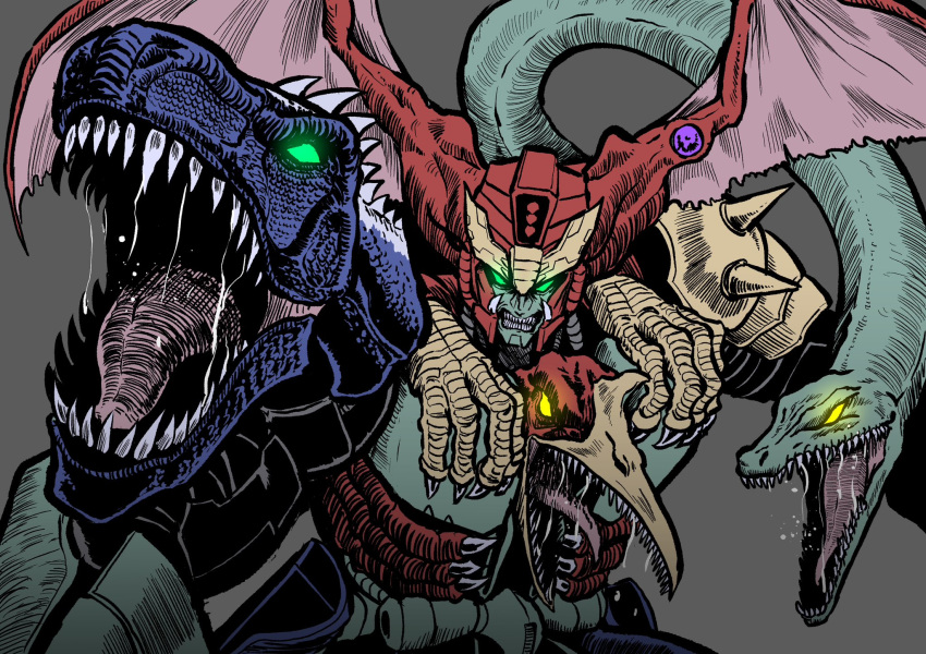 alien armor beast_wars beast_wars_neo clenched_teeth elasmosaurus fangs giganotosaurus green_eyes head_wings highres looking_at_viewer magmatron mecha oohara_tetsuya predacon quetzalcoatlus robot saliva saliva_trail science_fiction shoulder_armor solo teeth transformers wings