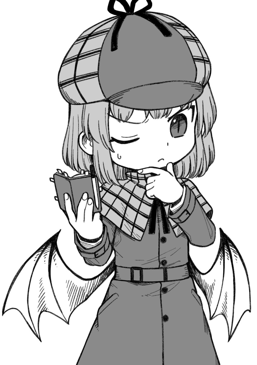 1girl alternate_costume book deerstalker greyscale hand_on_own_chin hands_up hat highres holding holding_book long_sleeves low_wings medium_hair monochrome one_eye_closed oninamako plaid_capelet remilia_scarlet simple_background slit_pupils solo sweatdrop touhou upper_body white_background wings