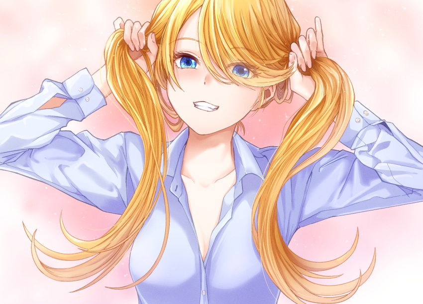 1girl blonde_hair blue_eyes breasts cleavage collarbone collared_shirt commentary_request eyes_visible_through_hair grin hair_over_one_eye highres holding holding_hair medium_breasts original shirt smile solo toiro_gawon twintails upper_body