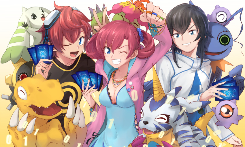 1girl 2boys agumon aiba_takumi black_hair blue_dress blue_eyes breasts card claws cleavage clenched_hand closed_eyes digimon digimon_(creature) digimon_card_game digimon_story:_cyber_sleuth dress fangs gabumon hagurumon happy highres holding holding_card hood hoodie horns jewelry keramon kuramon multiple_boys necklace one_eye_closed open_clothes open_hoodie open_mouth palmon petals pink_hoodie plant red_hair ring sanada_arata sanada_makomi shiramine_nokia short_hair single_horn smile terriermon twintails