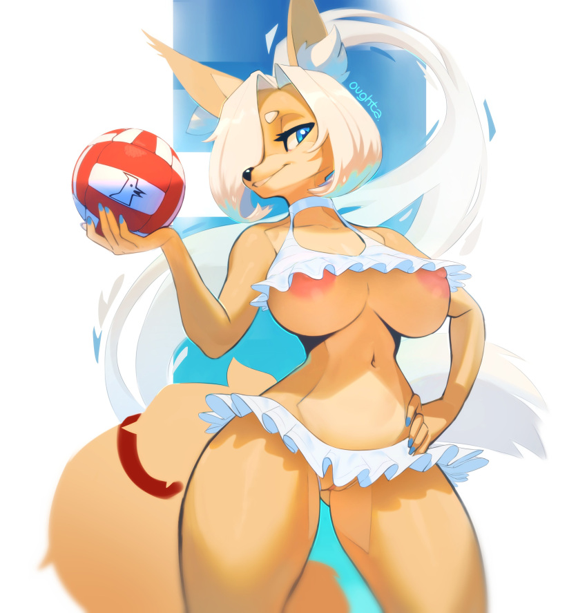 absurd_res areola ball big_breasts blonde_hair blue_eyes blue_nail_polish blue_nails bottomwear breasts canid canine clothing colored_nails female fox genitals hair hi_res ineffective_clothing long_ears long_hair mammal marie_(oughta) miniskirt nails nipples oughta pussy skirt solo under_boob volleyball_(ball)