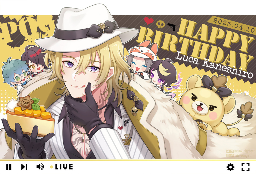 5boys :q black_gloves blonde_hair cake chest_tattoo chibi food fur-trimmed_jacket fur_trim gloves happy_birthday hat highres holding holding_cake holding_food ike_eveland jacket long_sleeves luca_kaneshiro luxiem male_focus multiple_boys mysta_rias nightcat nijisanji nijisanji_en purple_eyes shirt shu_yamino skull smile tattoo tongue tongue_out virtual_youtuber vox_akuma white_headwear