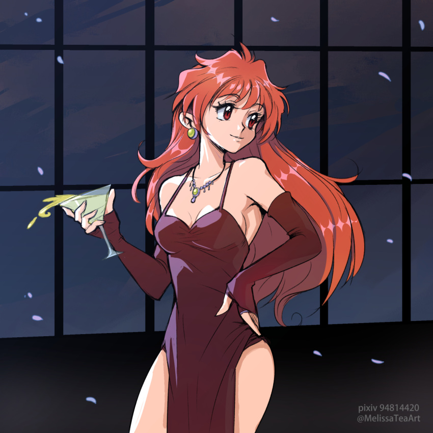 1girl alternate_costume breasts collarbone contemporary cup dress earrings elbow_gloves fingerless_gloves formal gloves hand_on_own_hip highres holding holding_cup jewelry lina_inverse looking_to_the_side melissatea necklace orange_hair parted_lips pixiv_id red_dress red_eyes red_gloves slayers small_breasts smile solo twitter_username