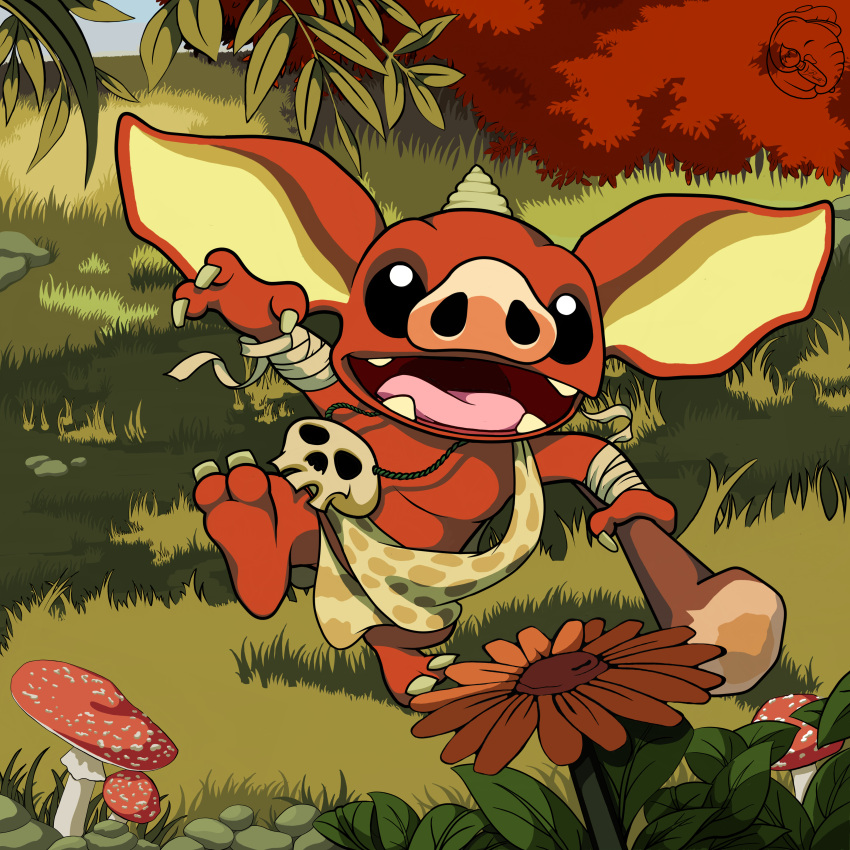 1:1 2_toes 3_fingers absurd_res anthro bandage bandaged_arm barefoot biped black_sclera blin_(tloz) bokoblin bottomwear clothing club_(weapon) cute_fangs daww feet fingers flower fly_agaric fungus grass hi_res horn huge_ears jennybunte leaf loincloth looking_up male melee_weapon mushroom nails nintendo open_mouth open_smile pebble pendant pig_nose plant pupils red_body red_shrub red_skin shrub skull_accessory sky smile solo the_legend_of_zelda toenails toes toony watermark weapon white_pupils yellow_inner_ear