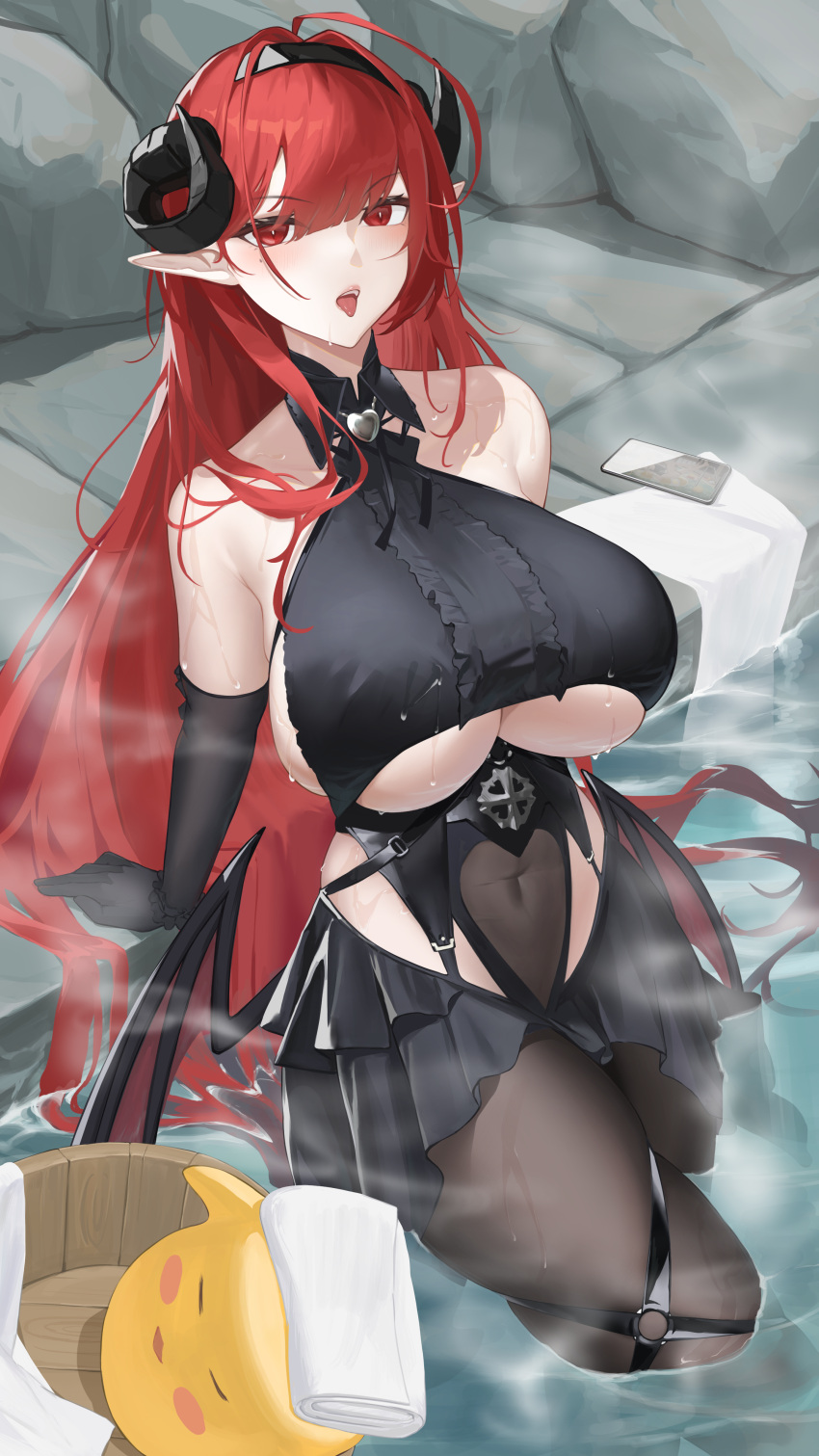1girl absurdres ahoge azur_lane bare_shoulders black_gloves black_headband black_horns breasts cellphone center_cross_lace center_frills clothing_cutout covered_navel curled_horns demon_girl demon_wings elbow_gloves frilled_gloves frills gloves headband highres hindenburg_(azur_lane) horns large_breasts long_hair looking_at_viewer manjuu_(azur_lane) onsen pantyhose phone pointy_ears red_hair red_pupils smartphone solo tongue tongue_out towel underboob underboob_cutout user_vzzn2855 very_long_hair wings