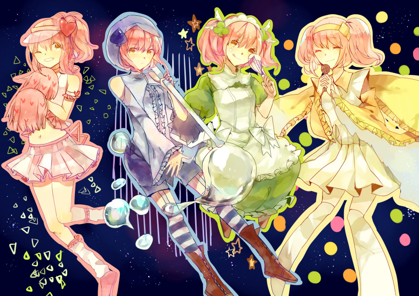 4girls absurdres amulet_clover amulet_dia amulet_heart amulet_spade apron blue_headwear blue_shirt blue_shorts blue_thighhighs boots brown_footwear closed_eyes closed_mouth clover_hair_ornament diamond_hair_ornament dress full_body garter_straps green_dress hair_ornament heart heart_hair_ornament high_ponytail highres hinamori_amu holding holding_whisk jamjar77 long_hair long_sleeves looking_at_viewer multiple_girls multiple_persona one_eye_closed open_mouth orange_eyes pink_hair pink_shirt pink_skirt pom_pom_(cheerleading) shirt short_hair short_sleeves shorts shugo_chara! side_ponytail skirt sky smile spade_hair_ornament star_(sky) starry_sky striped striped_thighhighs teeth thighhighs visor_cap whisk white_thighhighs yellow_dress