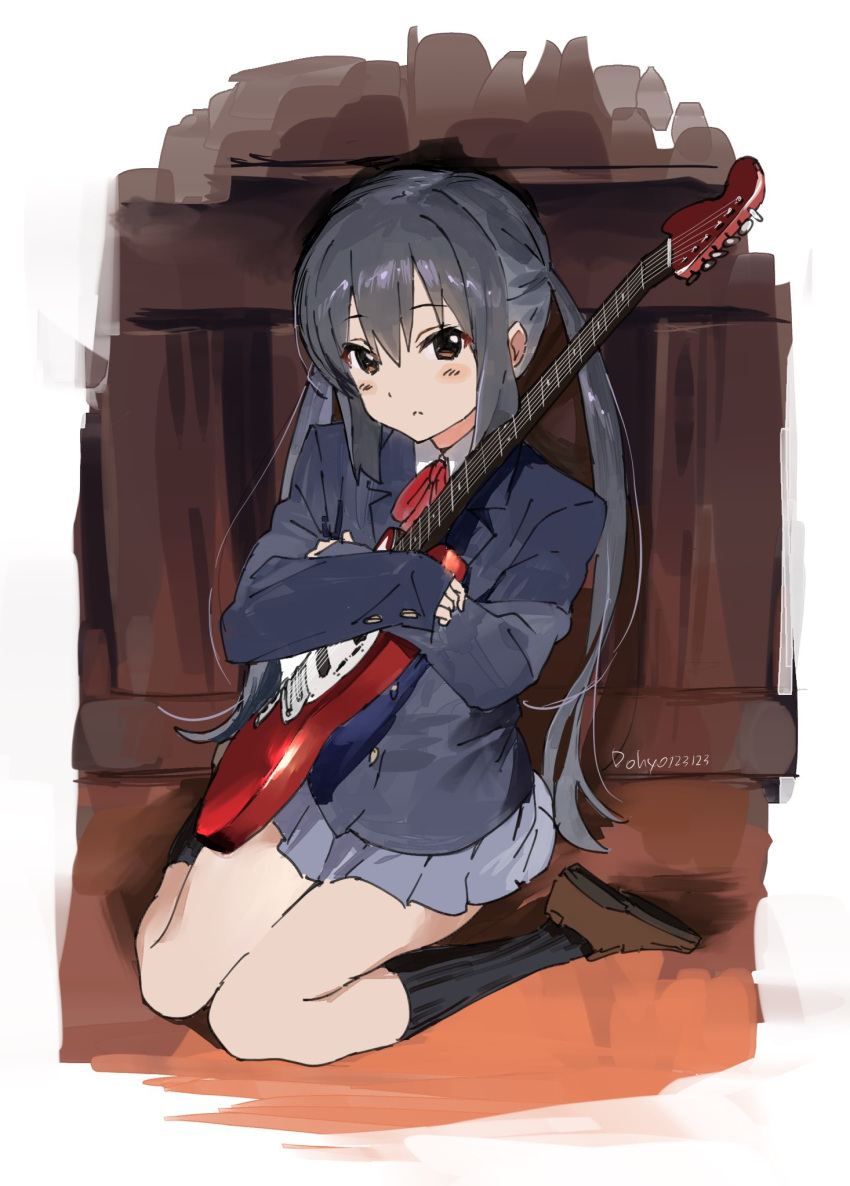 1girl black_hair black_socks blazer blue_jacket blue_skirt brown_eyes crossed_arms dohyo123123 electric_guitar fender_mustang frown guitar hair_between_eyes highres holding holding_guitar holding_instrument hugging_object instrument jacket k-on! kneehighs long_hair looking_at_viewer nakano_azusa pleated_skirt red_ribbon ribbon sakuragaoka_high_school_uniform school_uniform sidelocks sitting skirt socks solo twintails wariza winter_uniform wooden_wall