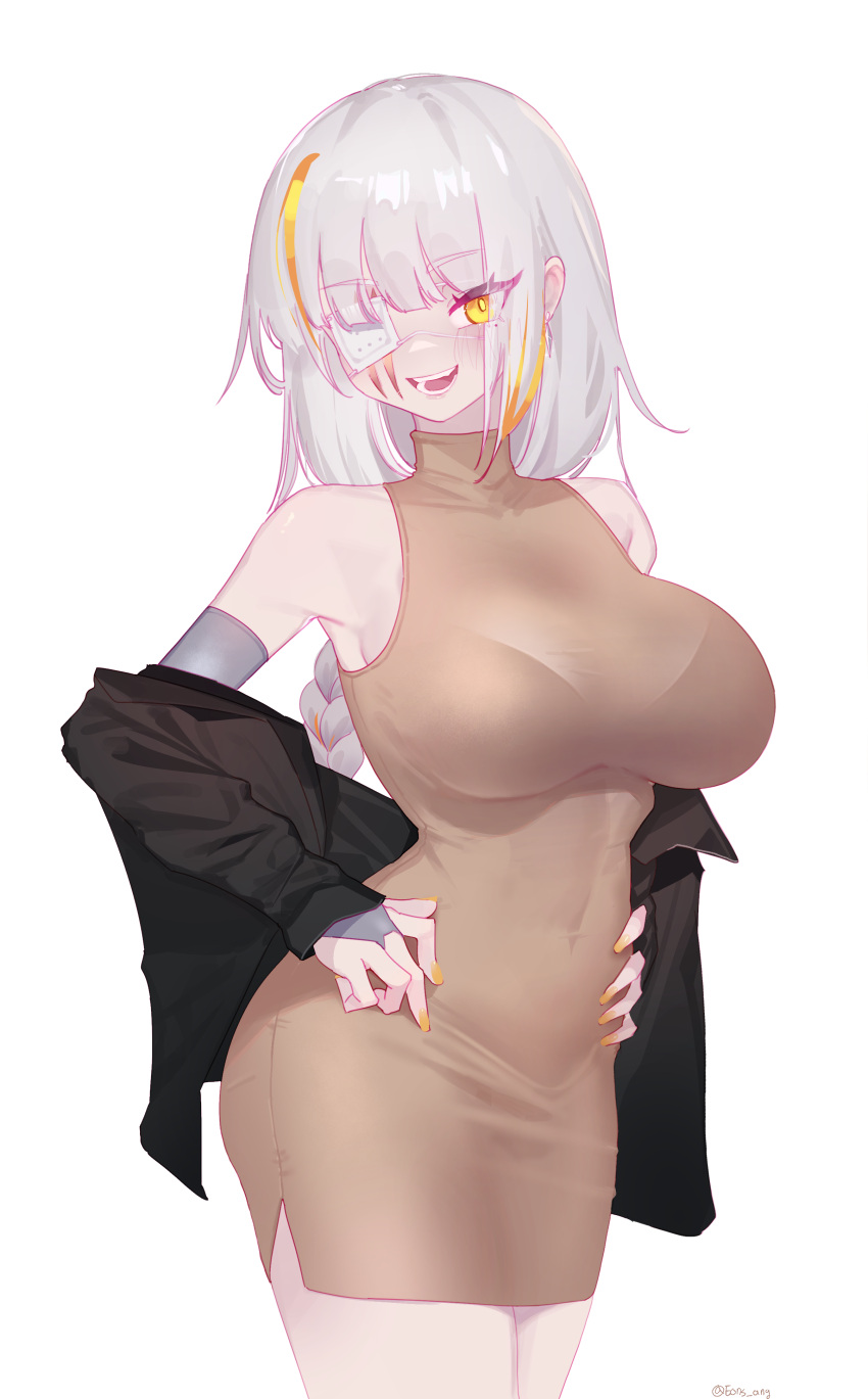 1girl absurdres bare_shoulders braid bralines breasts bridal_gauntlets covered_nipples cowboy_shot dress elbow_gloves eonsang eyepatch girls'_frontline gloves highres large_breasts long_braid long_hair m16a1_(girls'_frontline) multicolored_hair nail_polish off_shoulder scar scar_across_eye single_braid sleeveless sleeveless_dress smile streaked_hair turtleneck_dress white_background white_hair yellow_eyes