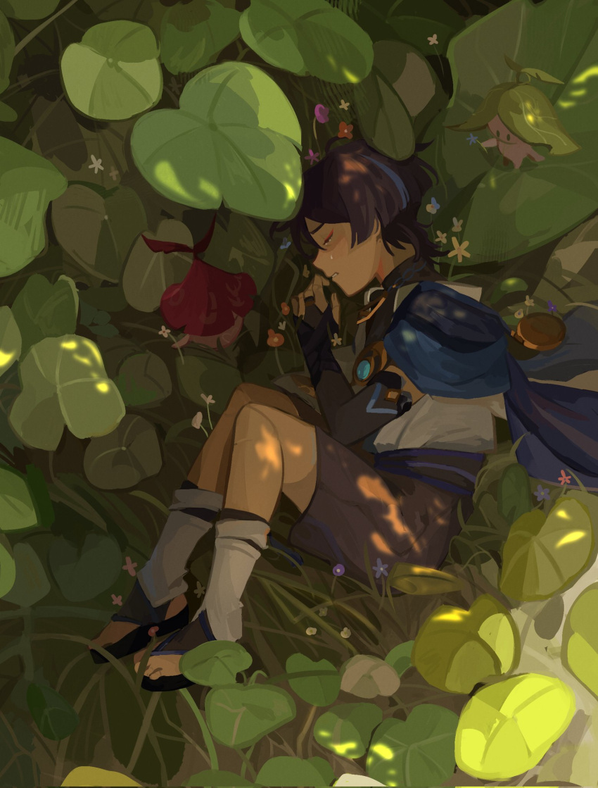 1boy aranara_(genshin_impact) black_shorts black_sleeves closed_eyes crying day english_commentary fetal_position genshin_impact grass highres japanese_clothes long_sleeves lying male_focus multicolored_hair notafternoontea on_grass outdoors plant purple_hair scaramouche_(genshin_impact) short_hair shorts socks streaked_hair vision_(genshin_impact) wanderer_(genshin_impact) white_socks