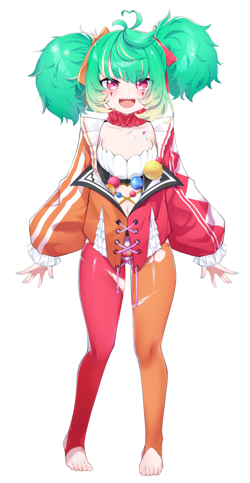 1girl absurdres ahoge blue_nails blush bow choker clothing_cutout clown coni_confetti double_bun facial_mark flat_chest frilled_choker frilled_sleeves frills full_body gradient_hair green_hair hair_bun hair_ribbon heart heart_ahoge highres idol_corp jacket multicolored_clothes multicolored_hair multicolored_jacket multicolored_legwear navel navel_cutout official_art orange_bow pantyhose pink_eyes puffy_sleeves red_bow red_choker ribbon sharp_teeth skindentation smile solo stirrup_legwear tachi-e teeth thighs toeless_legwear torn_clothes torn_pantyhose two-tone_hair utsusumi_kio virtual_youtuber