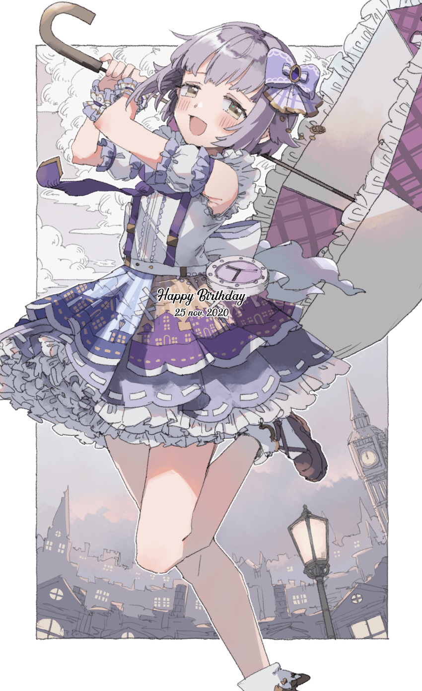 1girl absurdres arms_up bare_shoulders blush border bow breasts brown_eyes brown_footwear cityscape cloud detached_sleeves frilled_shirt frilled_skirt frilled_umbrella frills grey_hair hair_bow hair_flaps hair_ribbon happy_birthday highres holding holding_umbrella idolmaster idolmaster_cinderella_girls idolmaster_cinderella_girls_starlight_stage koshimizu_sachiko lamppost layered_skirt leg_up looking_at_viewer necktie omochi_chowder open_mouth outside_border purple_hair purple_necktie purple_ribbon purple_scrunchie ribbon scrunchie shirt shoes short_hair skirt sleeveless sleeveless_shirt small_breasts smile socks solo standing standing_on_one_leg suspender_skirt suspenders two-tone_skirt umbrella white_border white_shirt white_socks wrist_scrunchie