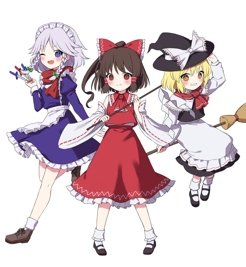 3girls apron bare_shoulders black_footwear black_headwear black_skirt black_vest blonde_hair blue_dress blue_eyes blush bow braid broom brown_footwear brown_hair closed_mouth detached_sleeves dress frilled_apron frilled_skirt frills full_body gohei grey_hair hair_bow hair_tubes hakurei_reimu hat hat_bow highres holding holding_gohei holding_knife izayoi_sakuya japanese_clothes juliet_sleeves kirisame_marisa knife long_hair long_sleeves maid maid_headdress multiple_girls nontraditional_miko one_eye_closed open_mouth perfect_cherry_blossom puffy_sleeves red_bow red_eyes red_scarf red_skirt ribbon-trimmed_sleeves ribbon_trim scarf shoes short_hair sidelocks simple_background single_braid skirt smile socks suzuno_naru touhou twin_braids vest waist_apron white_apron white_background white_bow white_sleeves white_socks wide_sleeves witch_hat yellow_eyes