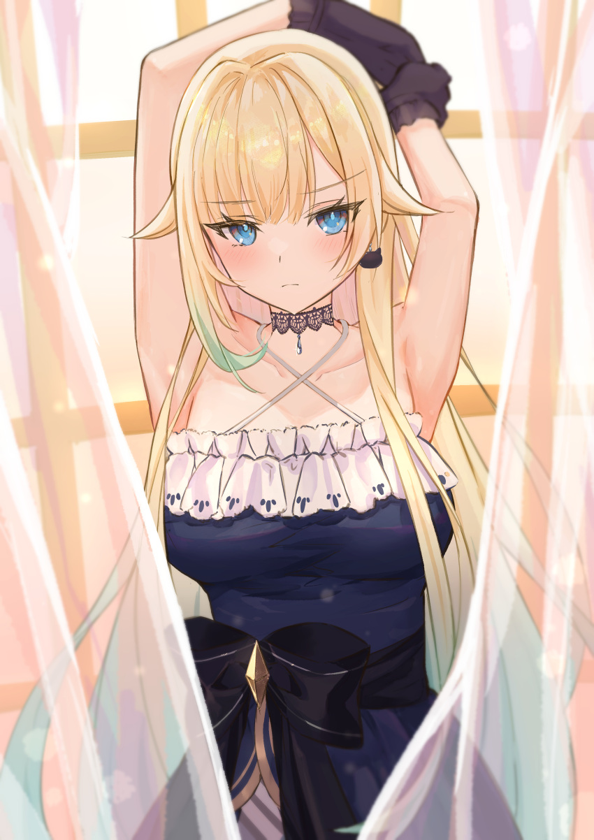 1girl absurdres aizawa_ema arm_over_head armpits black_bow black_gloves blue_dress blue_eyes blunt_bangs blush bow breasts choker collarbone commentary criss-cross_halter curtains dress frilled_dress frilled_gloves frills frown gloves gradient_hair green_hair hair_flaps hair_intakes halterneck highres lace lace_choker large_breasts light_particles long_hair looking_at_viewer multicolored_hair sash solo symbol-only_commentary very_long_hair virtual_youtuber vspo! window yoto_4102