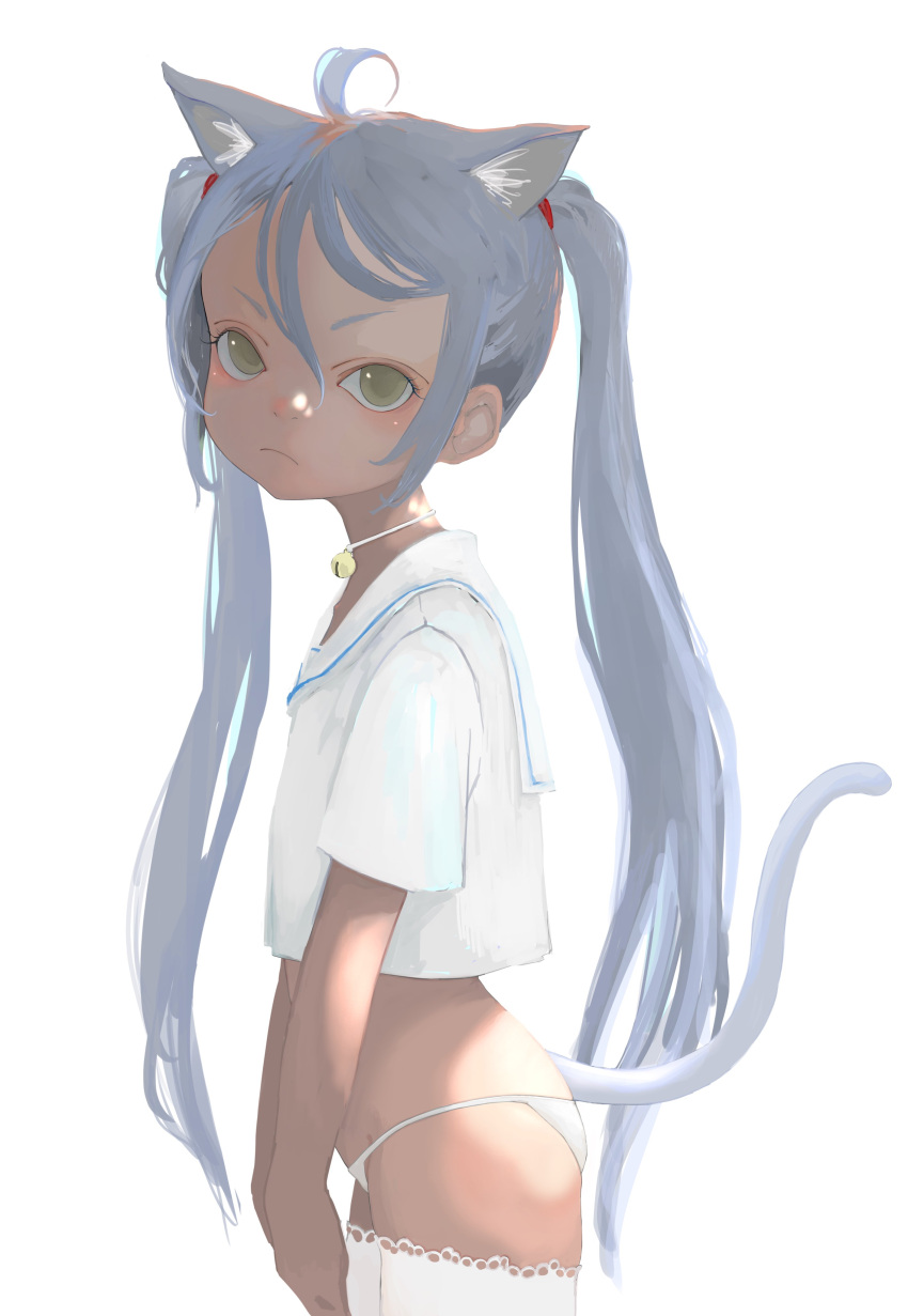 1girl absurdres ahoge animal_ears bad_id bad_twitter_id bell blue_hair cat_ears cat_tail choker closed_mouth crop_top extra_ears from_side green_eyes hair_between_eyes highres jingle_bell light_blue_hair looking_at_viewer nose ohgnokuni original panties sailor_collar shirt short_sleeves simple_background solo tail thighhighs turning_head twintails underwear white_background white_panties white_sailor_collar white_shirt white_thighhighs