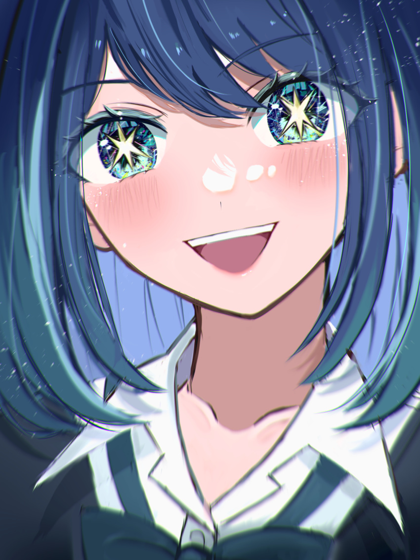 1girl :d aqua_eyes black_vest blue_bow blue_bowtie blue_eyes blue_hair blush bow bowtie chromatic_aberration collarbone collared_shirt commentary gradient_hair hair_between_eyes highres kurokawa_akane light_particles looking_at_viewer medium_hair multicolored_hair open_mouth oshi_no_ko portrait school_uniform shiro_(dkau3374) shirt smile solo star-shaped_pupils star_(symbol) swept_bangs symbol-shaped_pupils teeth upper_teeth_only vest white_shirt