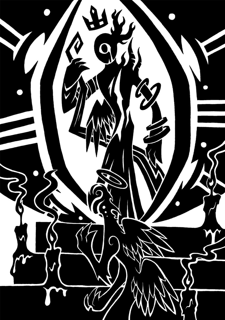 1_eye 2014 3_claws 3_fingers ambiguous_gender antlers arm_spikes arm_tuft black_and_white black_background candle clawed_fingers claws crown cyclops deity digital_drawing_(artwork) digital_media_(artwork) duo elbow_tuft facial_markings feathered_wings feathers fingers fire floating_crown halo head_markings headgear hi_res horn horned_humanoid humanoid markings melting_candle monochrome restricted_palette scp-1248-01-e scp_foundation shoulder_spikes silhouette simple_background smoke spikes spikes_(anatomy) stairs sunnyclockwork tear_(marking) tuft winged_humanoid wings yehom_(scp_foundation)