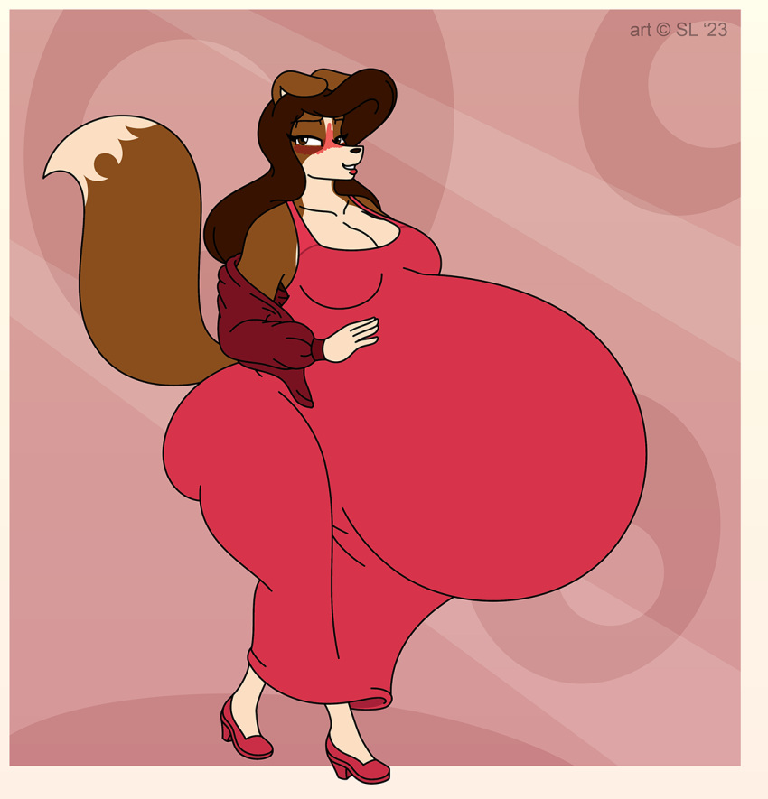 2023 anthro belly big_belly blush border_collie breasts brown_body brown_eyes brown_fur brown_hair butt canid canine canis clothed clothing collie copyright_symbol digital_media_(artwork) domestic_dog dress female footwear fur hair hand_on_stomach herding_dog hi_res high_heels huge_belly hyper hyper_belly hyper_pregnancy mammal millicent_(satsumalord) pastoral_dog pregnant red_clothing red_dress satsumalord sheepdog solo symbol