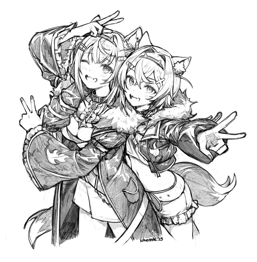 2girls animal_collar animal_ear_fluff animal_ears arm_around_shoulder belt blush breasts chain cleavage collar commentary cowboy_shot cropped_jacket cropped_legs crossed_bangs dog_ears dog_girl dog_tail double_v dress fangs frilled_shorts frilled_sleeves frills fur-trimmed_jacket fur_trim fuwawa_abyssgard greyscale hair_between_eyes hair_intakes hair_ornament hairband hairclip highres hololive hololive_english jacket long_hair looking_at_viewer mococo_abyssgard monochrome multiple_girls navel ninomae_ina'nis_(artist) one_eye_closed open_clothes open_jacket open_mouth short_dress short_hair short_shorts shorts siblings signature simple_background sisters smile spiked_hairband spikes standing stomach symbol-only_commentary tail twins v virtual_youtuber white_background x_hair_ornament