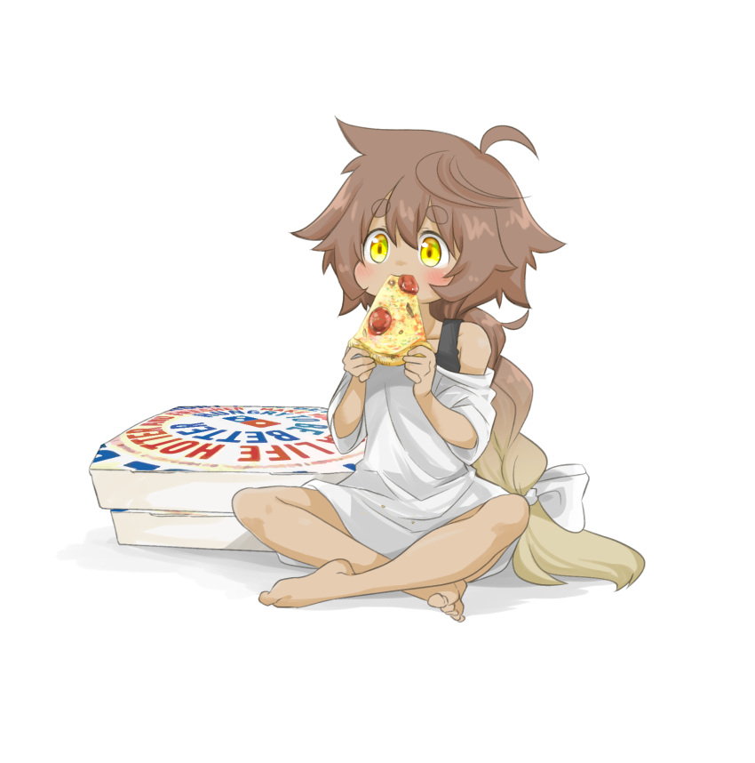 1girl ahoge bare_shoulders black_tank_top bow brown_hair collarbone crossed_legs eating food gradient_hair hair_bow hands_up highres holding holding_food holding_pizza kumanou22 long_hair messy_hair multicolored_hair on_floor original pizza pizza_box pizza_slice ponytail shadow shirt simple_background sitting solo tank_top white_background white_bow white_shirt yellow_eyes