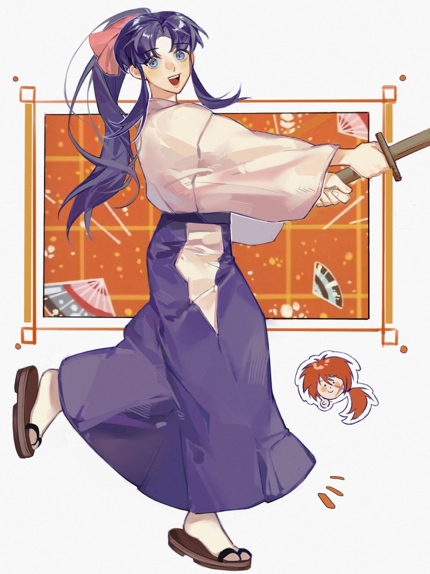 1boy 1girl blue_eyes blue_hair blue_hakama blush_stickers commentary cropped_head cross_scar from_side full_body geta hair_ribbon hakama hakama_pants high_ponytail highres himura_kenshin holding holding_shinai japanese_clothes kamiya_kaoru light_blush long_sleeves looking_at_viewer looking_to_the_side low_ponytail open_mouth outstretched_arms pants pink_ribbon ribbon rurouni_kenshin scar scar_on_cheek scar_on_face shinai sidelocks simple_background smile socks sparklu standing standing_on_one_leg sword tabi teeth upper_teeth_only weapon white_socks wide_sleeves wooden_sword