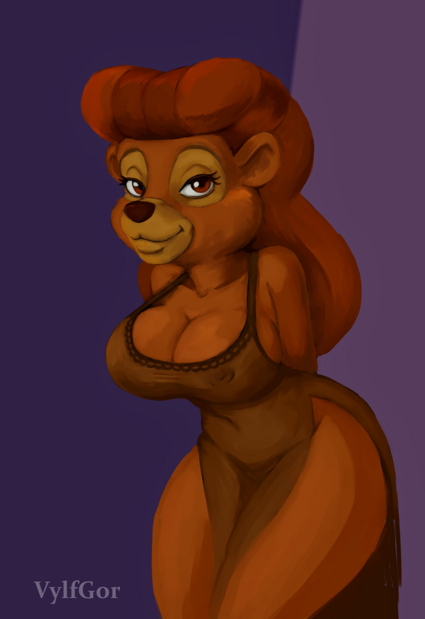 anthro bear big_breasts black_nose breasts brown_body brown_eyes brown_fur brown_hair digital_media_(artwork) disney female fur hair hi_res humanoid long_hair looking_at_viewer mammal mature_female multicolored_body nightgown rebecca_cunningham simple_background smile solo talespin two_tone_body vylfgor