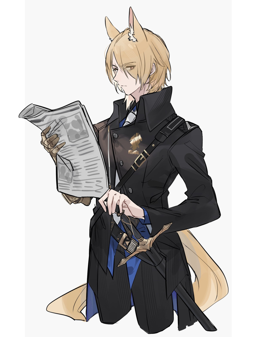 1boy absurdres animal_ear_fluff animal_ears arknights black_coat black_pants blonde_hair blue_shirt border coat collared_shirt cropped_legs gauntlets grey_background hair_over_one_eye hand_on_hilt highres holding holding_newspaper horse_boy horse_ears horse_tail long_sleeves looking_at_viewer male_focus mlynar_(arknights) necktie newspaper pants sheath sheathed shirt short_hair simple_background single_gauntlet solo sword tail weapon white_necktie yakota_(usuk-yako) yellow_eyes