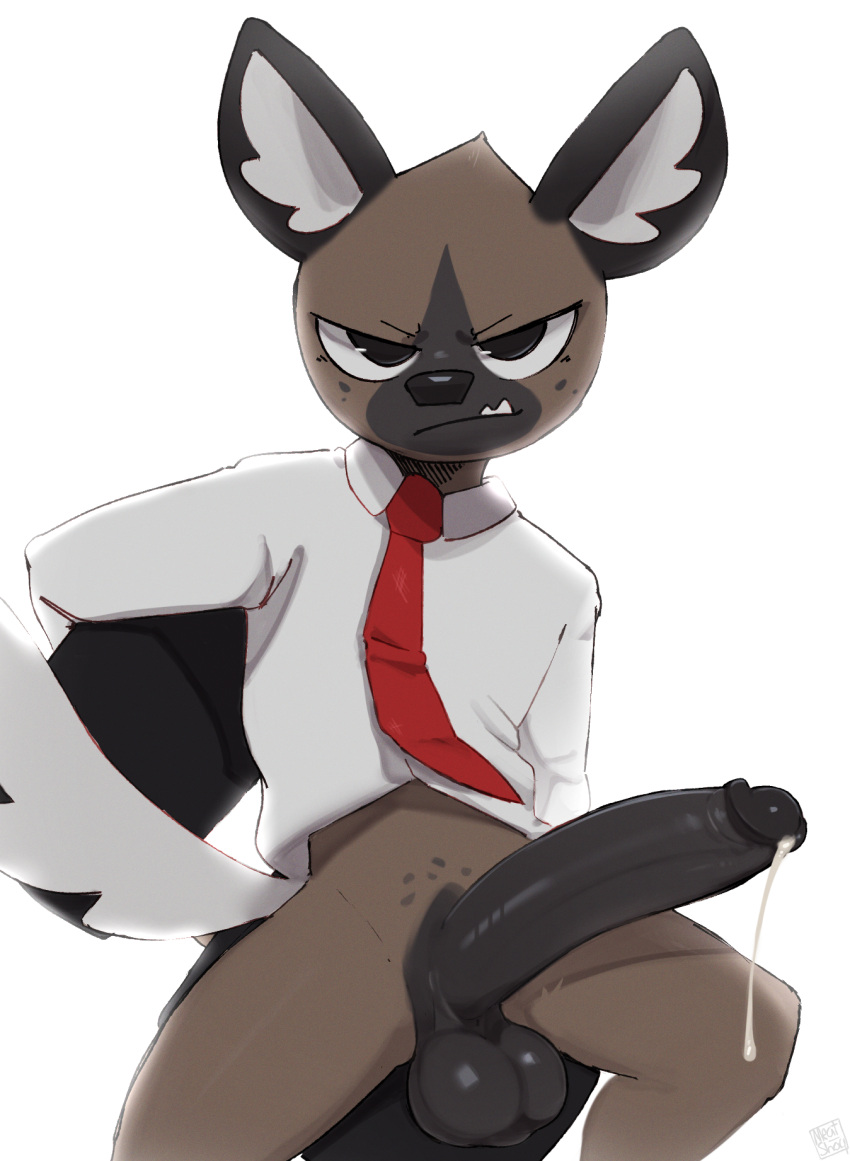 aggretsuko anthro balls big_penis black_penis bodily_fluids bottomless brown_body brown_fur chair clothed clothing dress_shirt dripping fur furniture genital_fluids genitals haida_(aggretsuko) hi_res humanoid_genitalia humanoid_penis hyena looking_at_viewer male mammal meatshaq necktie on_chair penis precum precum_drip sanrio shirt sitting sitting_on_chair snaggle_tooth solo spotted_hyena topwear