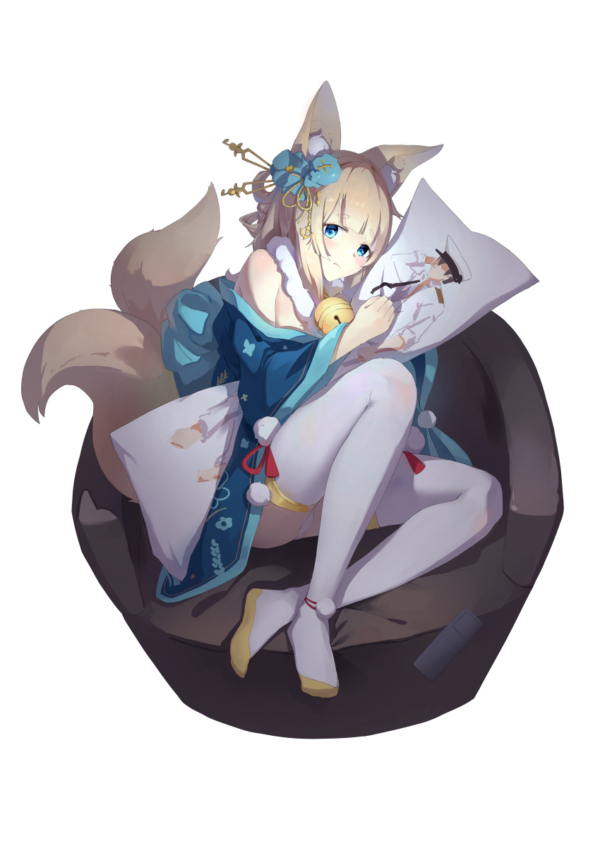 1girl absurdres animal_ear_fluff animal_ears azur_lane bell blonde_hair blue_eyes blue_kimono blunt_bangs blush commander_(azur_lane) couch dakimakura_(object) fengxue fox_ears fox_girl fox_tail hair_ornament highres japanese_clothes kimono neck_bell niizuki_(azur_lane) on_couch panties pillow simple_background sitting solo tail thighhighs underwear white_background white_panties white_thighhighs