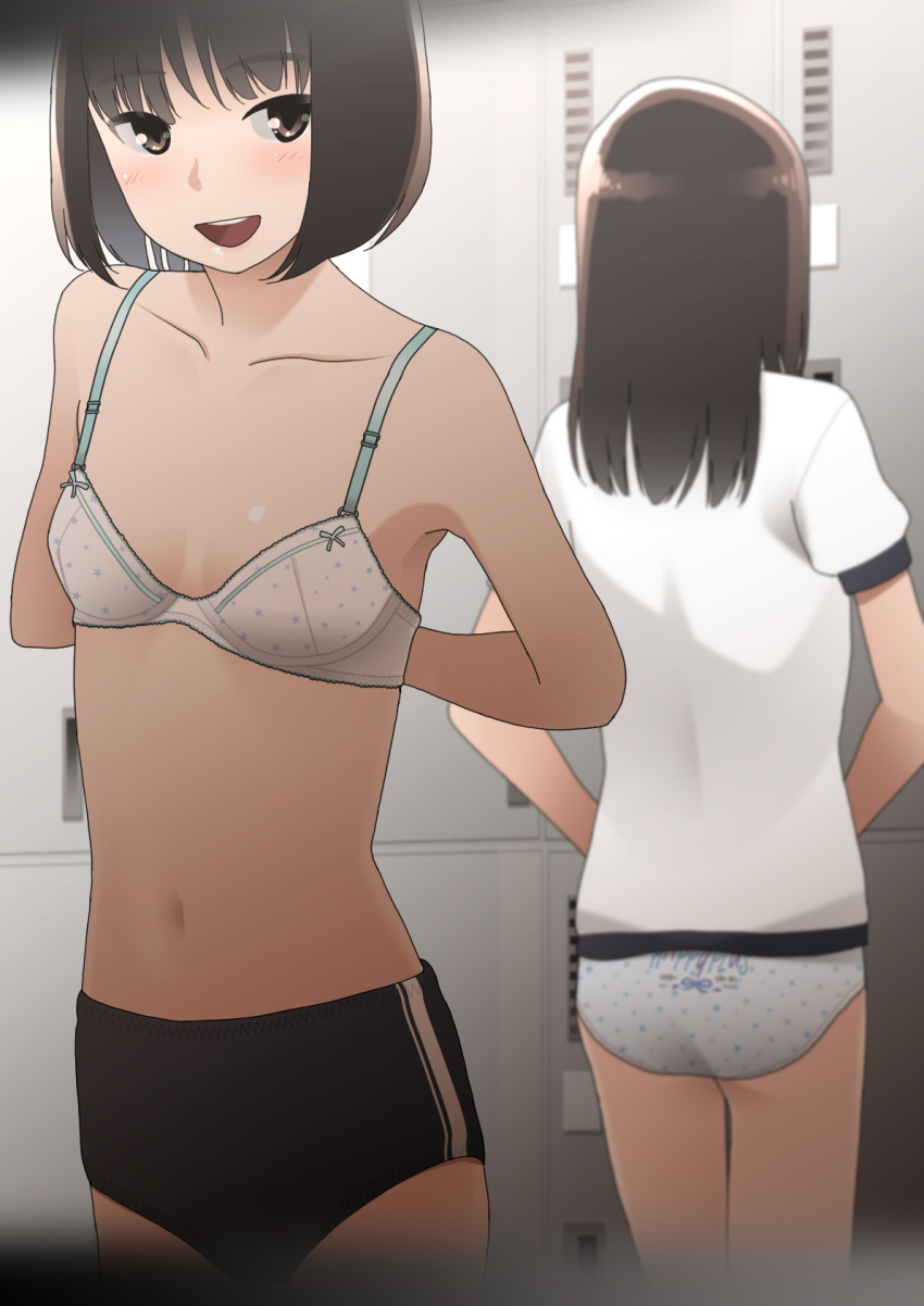 2girls :d adjusting_clothes armpits arms_behind_back ass bare_shoulders black_buruma blurry blurry_background blurry_foreground blush bob_cut bra breasts brown_eyes brown_hair buruma changing_clothes collarbone commentary depth_of_field dressing facing_away gym_shirt gym_uniform highres indoors locker locker_room long_hair looking_at_viewer midriff multiple_girls navel open_mouth original panties pen-racket polka_dot polka_dot_panties print_panties shirt short_hair small_breasts smile standing star_(symbol) t-shirt teeth underwear upper_teeth_only vignetting white_bra white_panties white_shirt