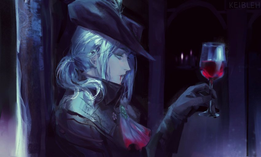 1girl alcohol artist_name ascot black_gloves black_headwear bloodborne closed_mouth cup dark_room from_side gloves grey_ascot grey_hair hand_up hat highres holding holding_cup indoors keibleh lady_maria_of_the_astral_clocktower long_sleeves ponytail profile red_ascot solo tricorne wine