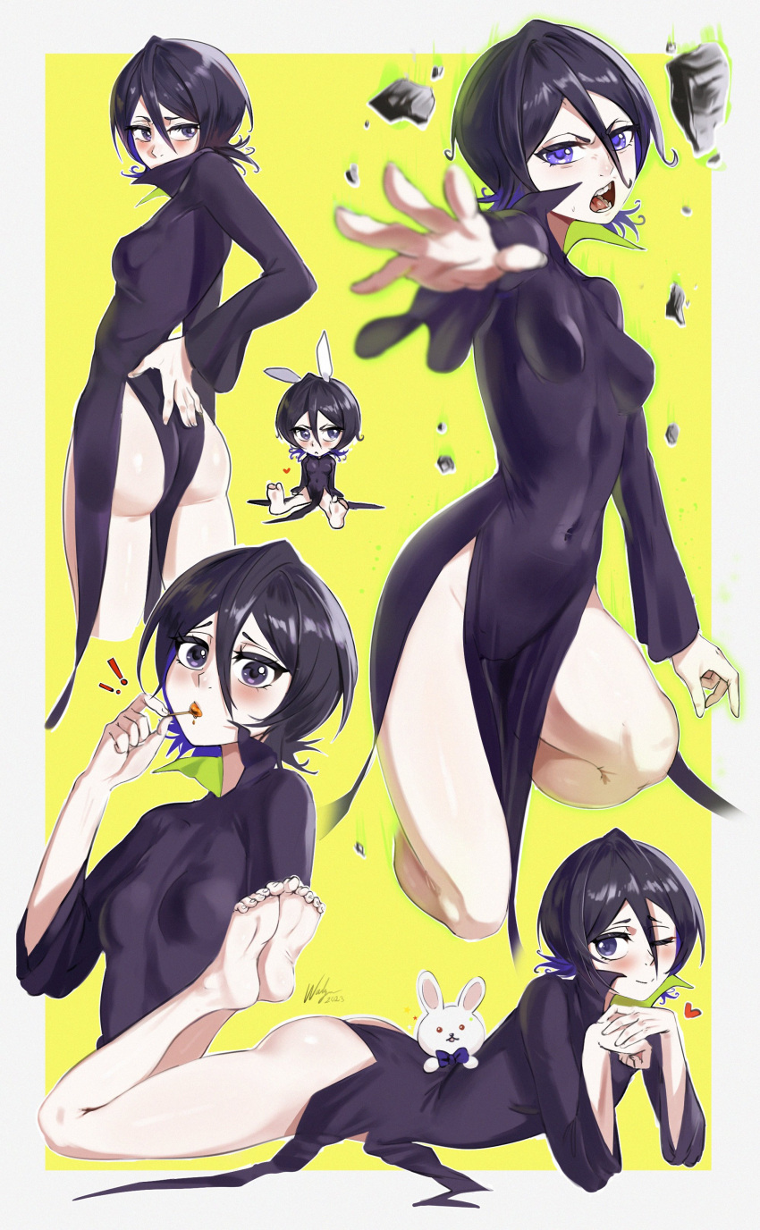 ! !! 1girl ;) absurdres animal_ears ass barefoot black_dress black_hair bleach blush breasts chibi cosplay covered_navel dress floating floating_object floating_rock green_outline heart highres kuchiki_rukia lying on_stomach one-punch_man one_eye_closed outline purple_eyes rabbit rabbit_ears short_hair side_slit small_breasts smile solo tatsumaki tatsumaki_(cosplay) telekinesis waligner